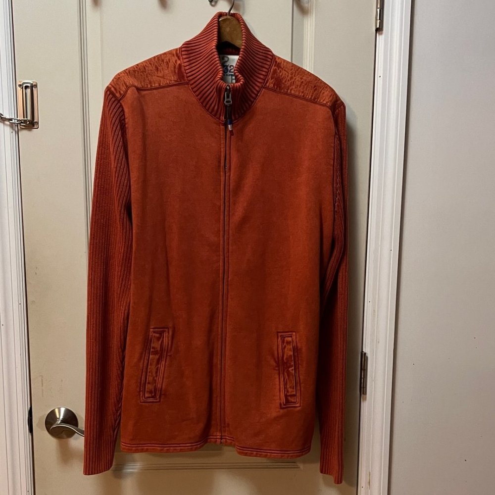 32 Bar Blues Men's XL 100% Cotton L/S Crew Neck Zip Front Sweater Jacket. Rust.
